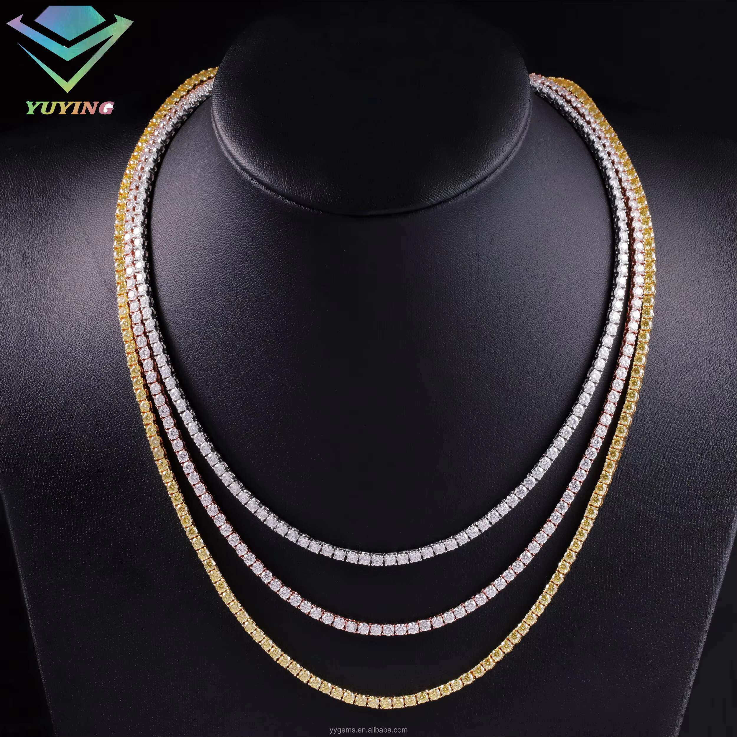 Wholesale Price 2mm-6.5mm Pass Diamond Tester Yellow Moissanite Diamond S925 Silver Gold Plated Tennis Chain Necklace