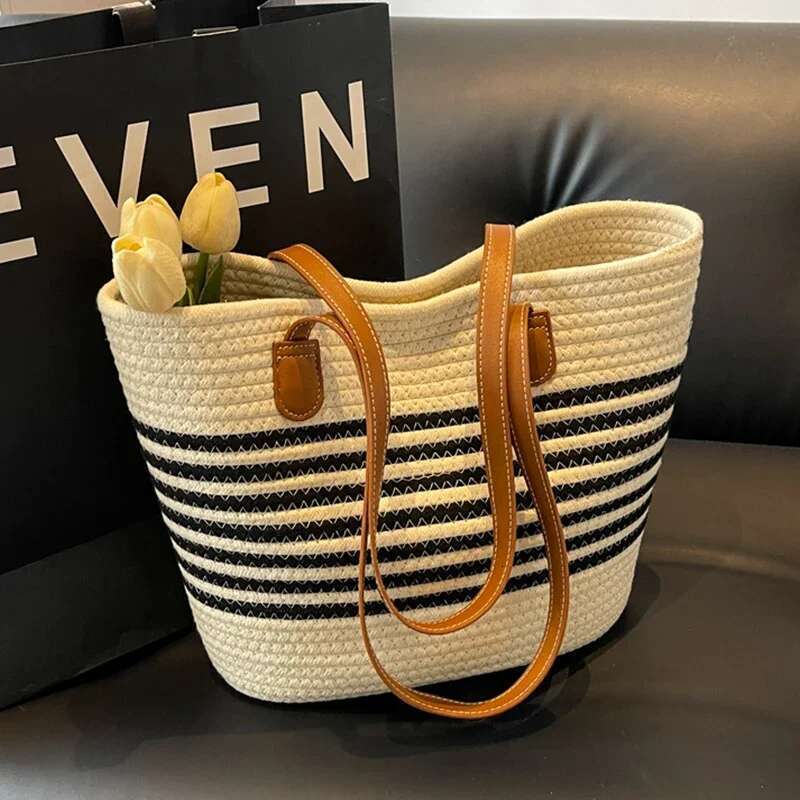 Striped Design Straw Tote Large Capacity Beach Boho Style Handbag Fulfilment Shopping Bag