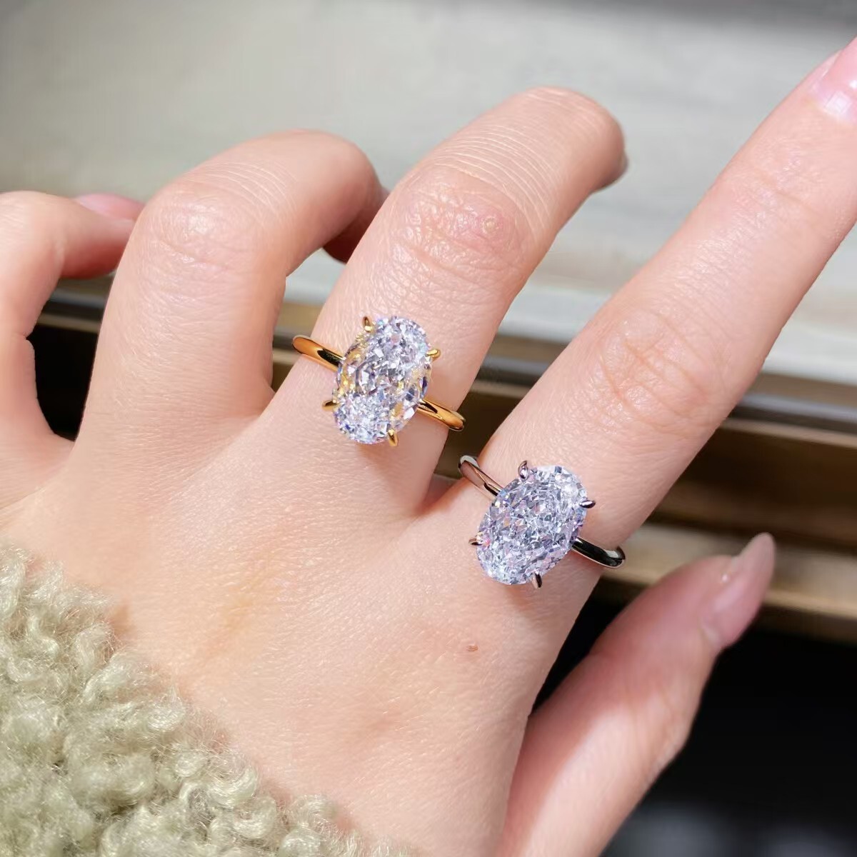 Unique 14k Yellow Gold GRA Wedding Bridal Jewelry Gorgeous Claw Setting 2ct Oval+Marquise FL Moissanite Diamond Engagement Ring