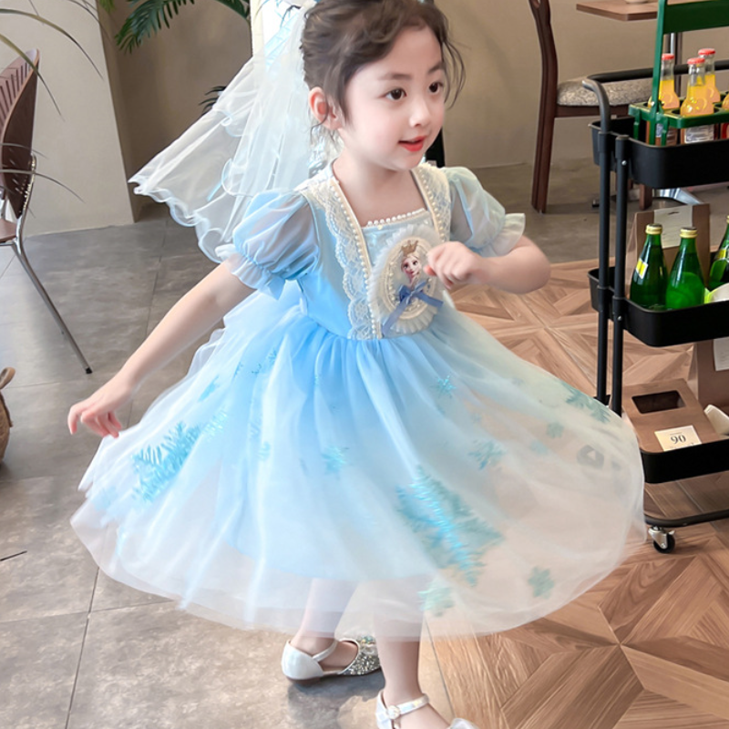 DISNEY Frozen Elsa Princess Baby Short Skirt Baby Chiffon Short Sleeve Dress Children's Party Dress Princess Dress
