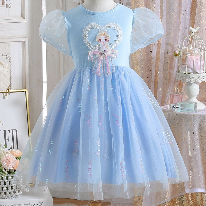 DISNEY Elsa princess dress kids designer clothes baby designer Children's summer dress short sleeves mesh skirt