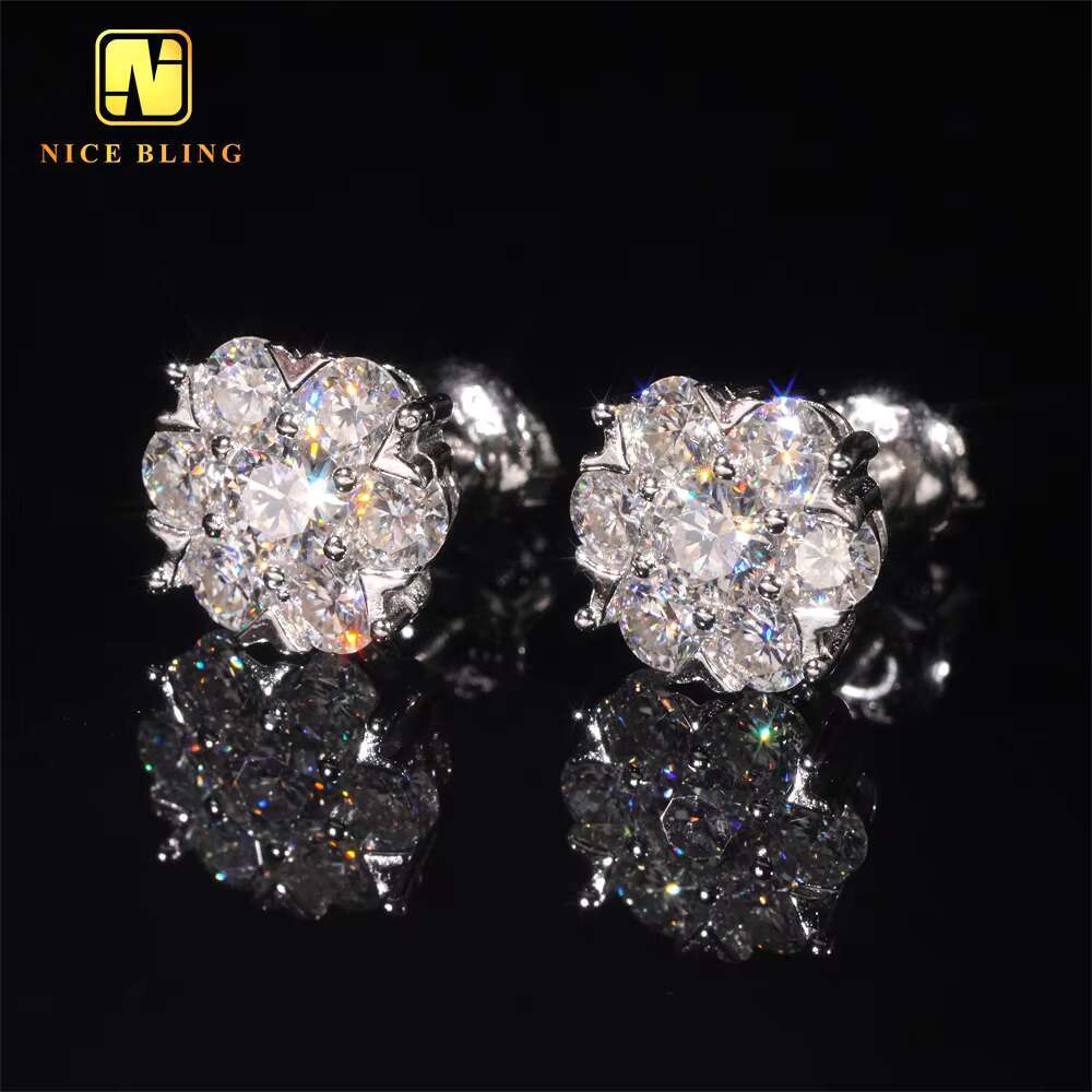 Bling Fine Jewelry Stone Sterling Sier Moissanite Stud Big Flower Earrings