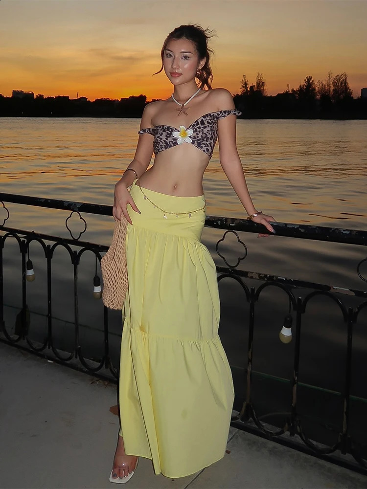 Weird Puss Flower 2piece womens sexy backless leopard print slant neck toppleated long matching club outfit 250430e