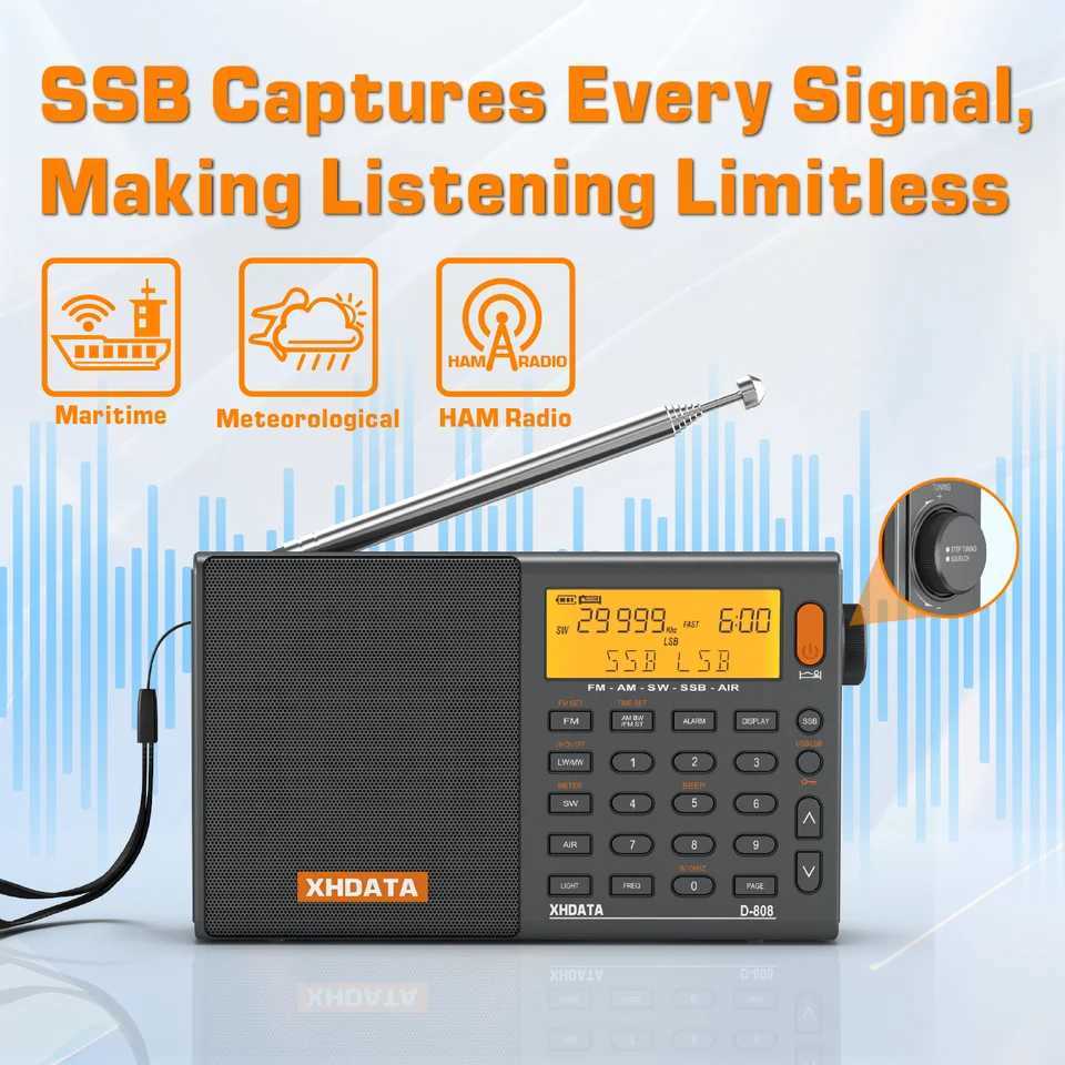 XHDATA D-808 AM/FM/SW/MW SSB AIR RDS Full Band Portable Radio with Multi functional Deep Stereo Charging Radio Receiver X2505056