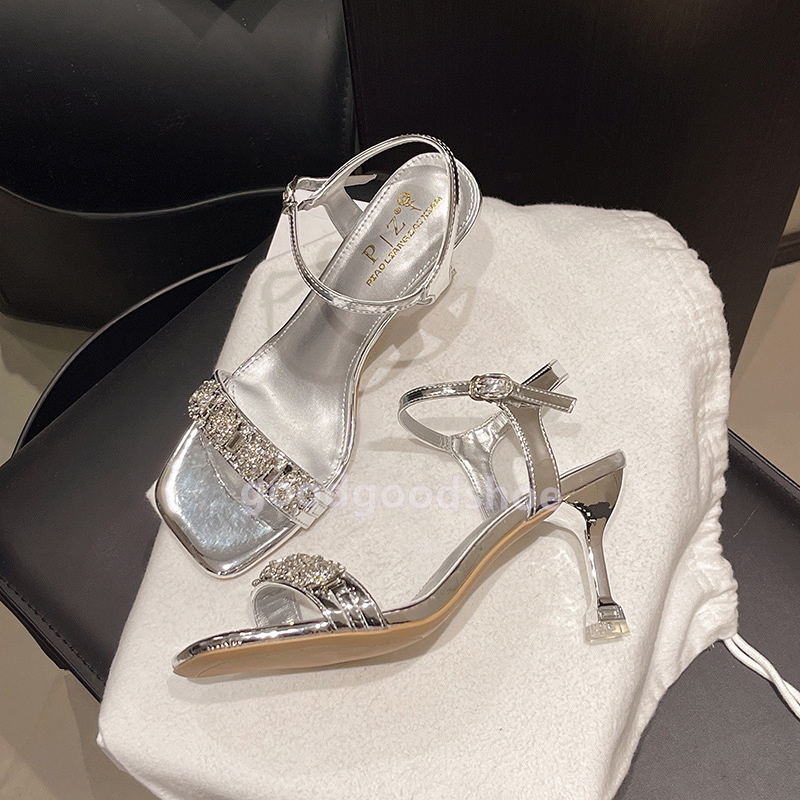 free shipping designer sandals summer womens heels black silver sandal designer shoes daily elegant patent leather glitter rhinestone women med-heel w
