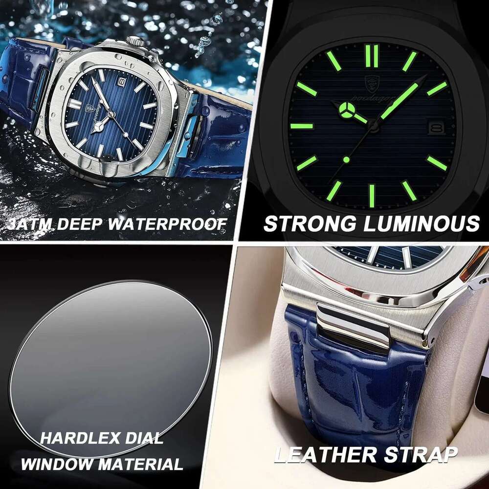 Top Square Man Watch Date Waterproof Luminous Men Wristwatch High Quality Leather Men's Quartz Watches+Box Reloj