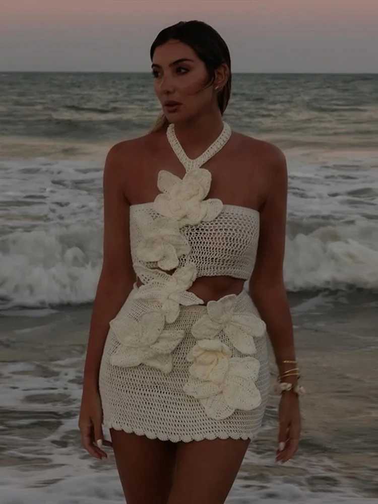 Beach Knitted 3D Flower Dress Womens Sleeveless Strap Sexy Perspective Womens 2025 Spring/Summer Hollow Holiday DressXJ250504