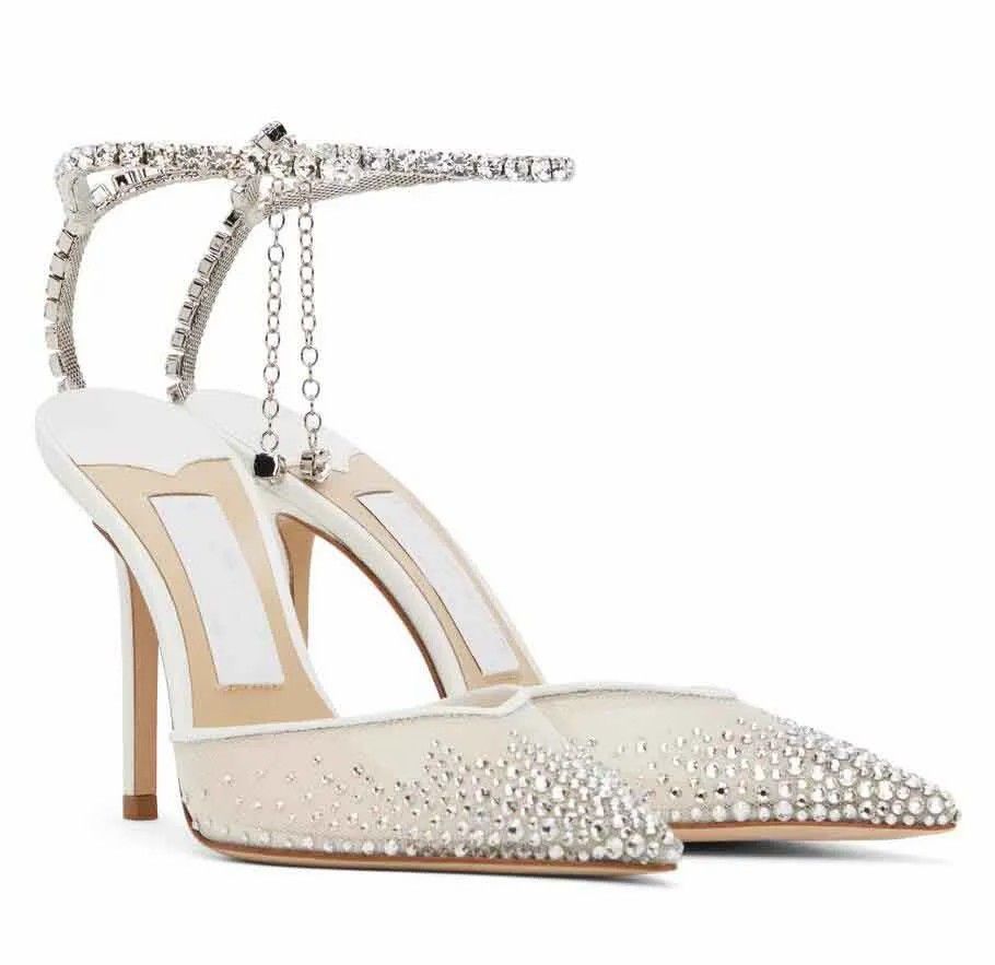 Elgant Sandals Dress Shoes Wedding bride White pumps saeda sandal lady's high heeled Brand women high-heel pointed crystal ankle straps slingback With box 35-43