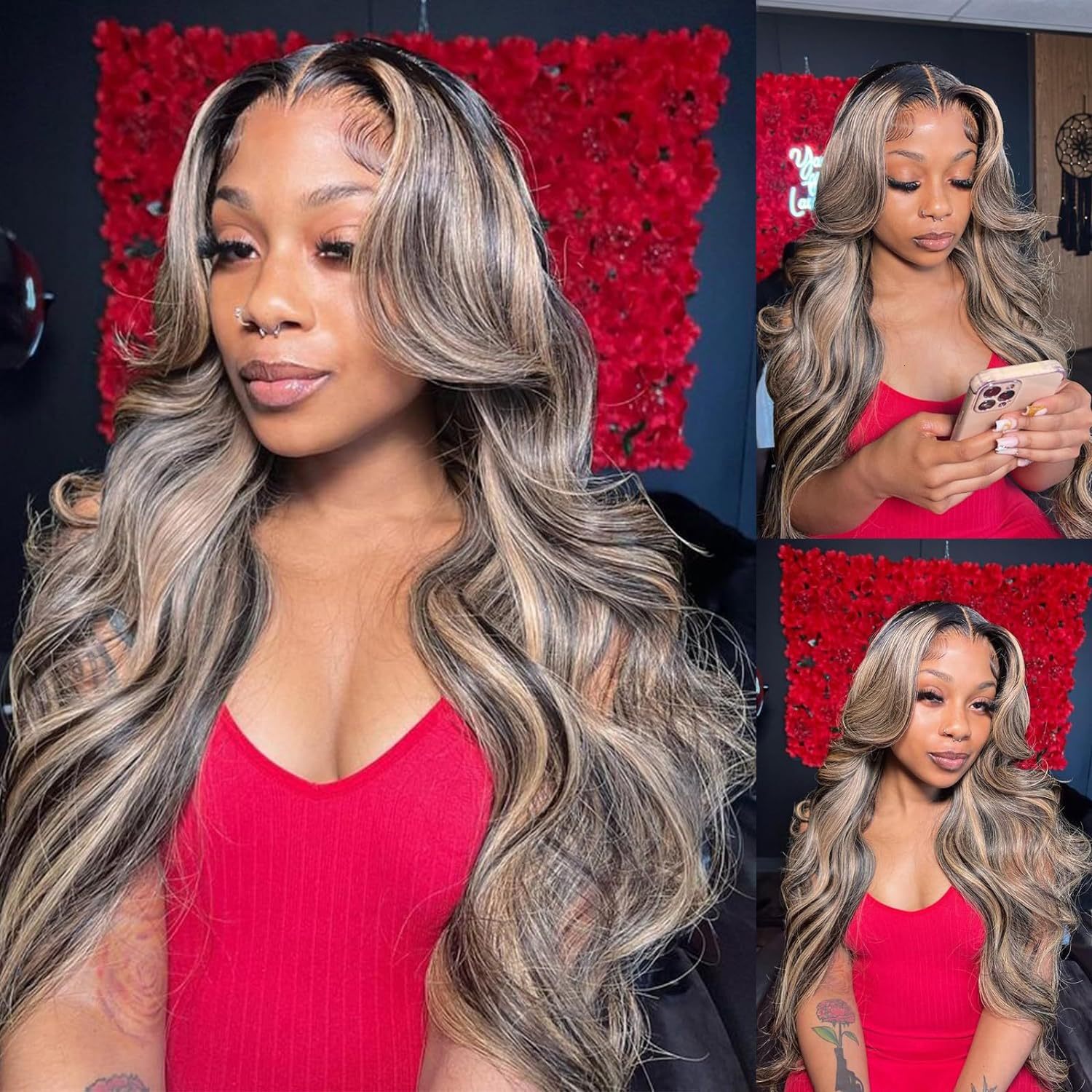 ladies Wig front lace wig brown mixed color medium split long curly hair big wavy wig