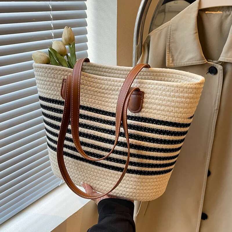 Striped Design Straw Tote Large Capacity Beach Boho Style Handbag Fulfilment Shopping Bag