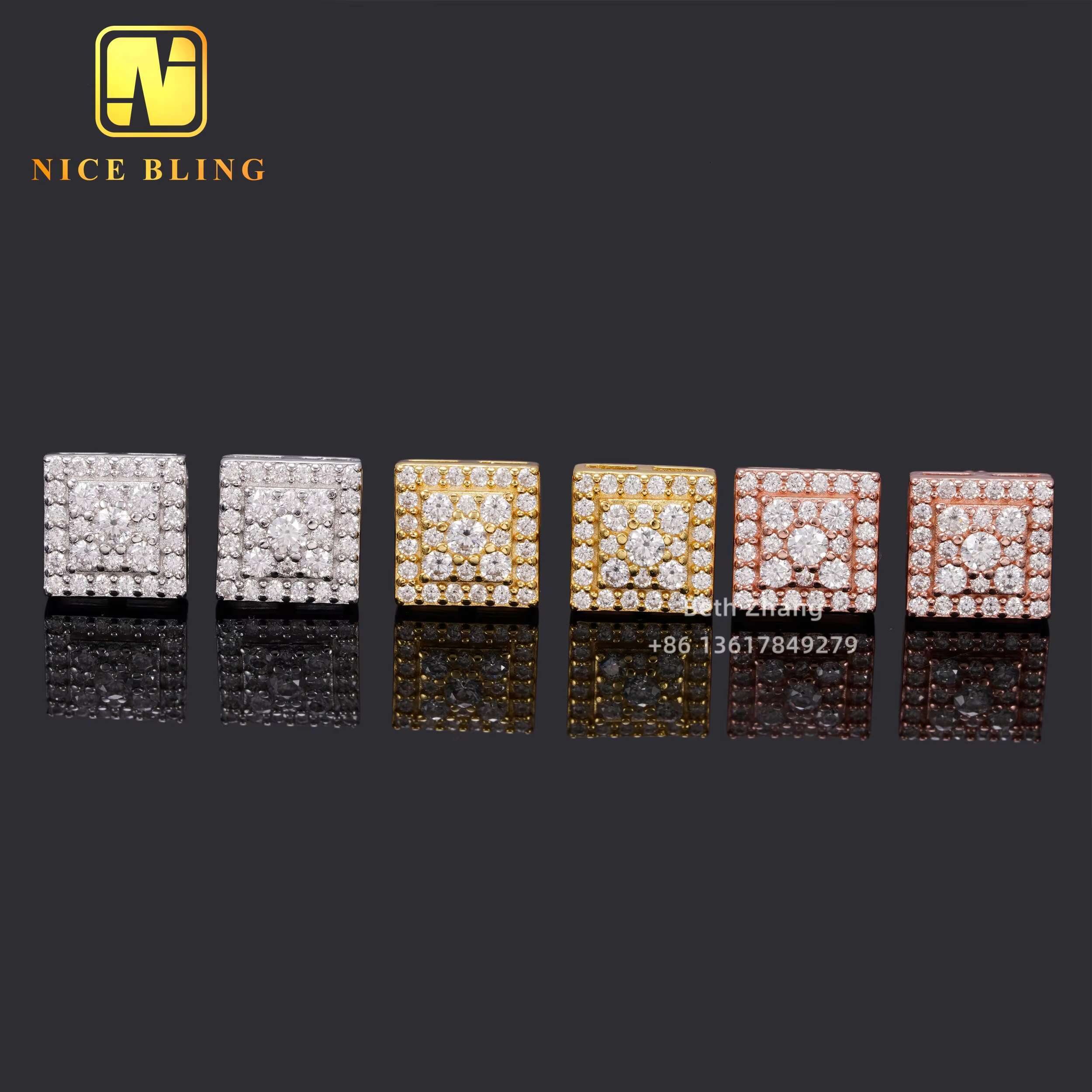 Fashion Hip Hop Jewelry 8MM Square Shape Earrings 925 Silver Moissanite Diamond Ear Studs for Men Women
