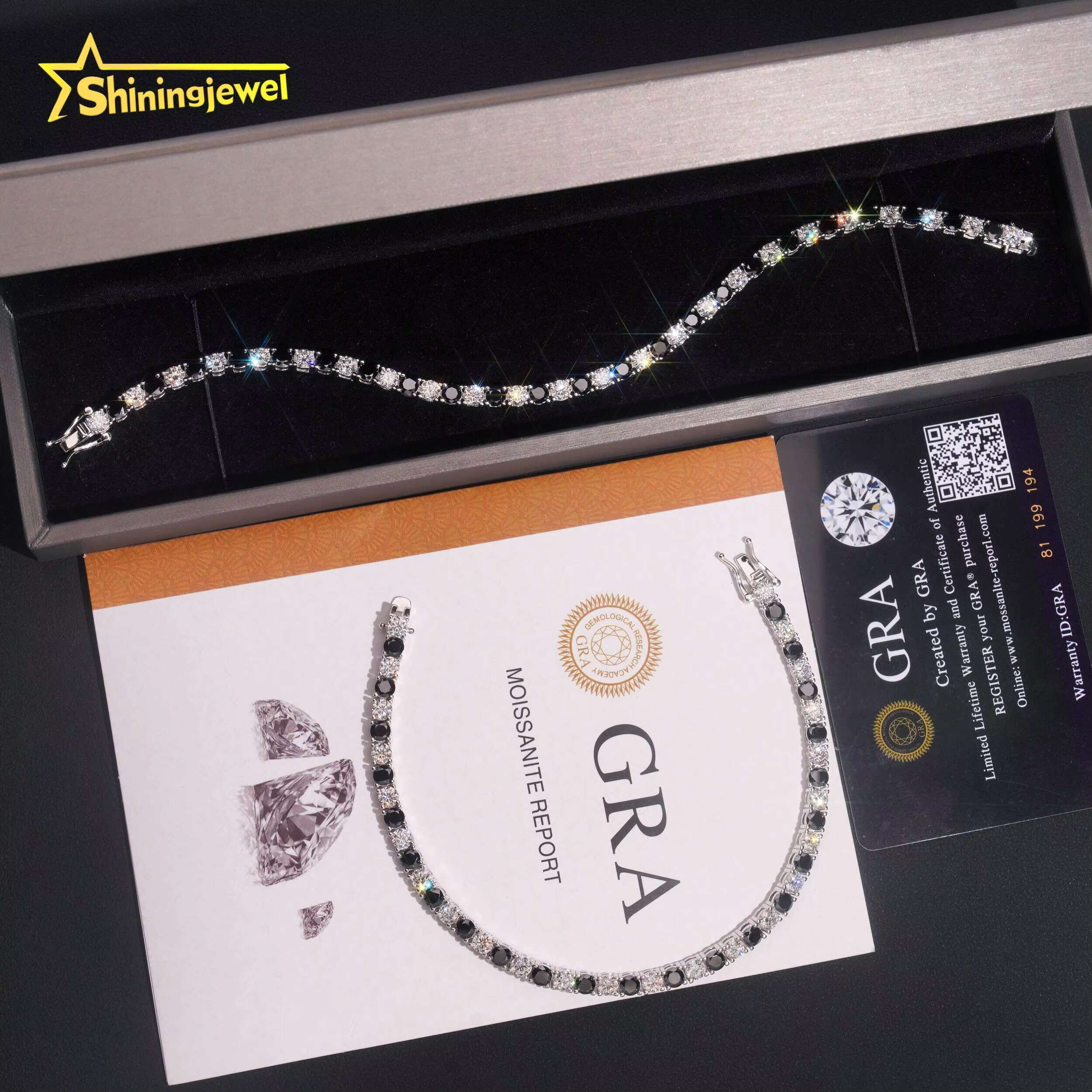 Iced Out Jewelry 4MM Black and White Moissanite Diamond Tennis Bracelet 925 Silver Hip Hop Tennis Bracelet