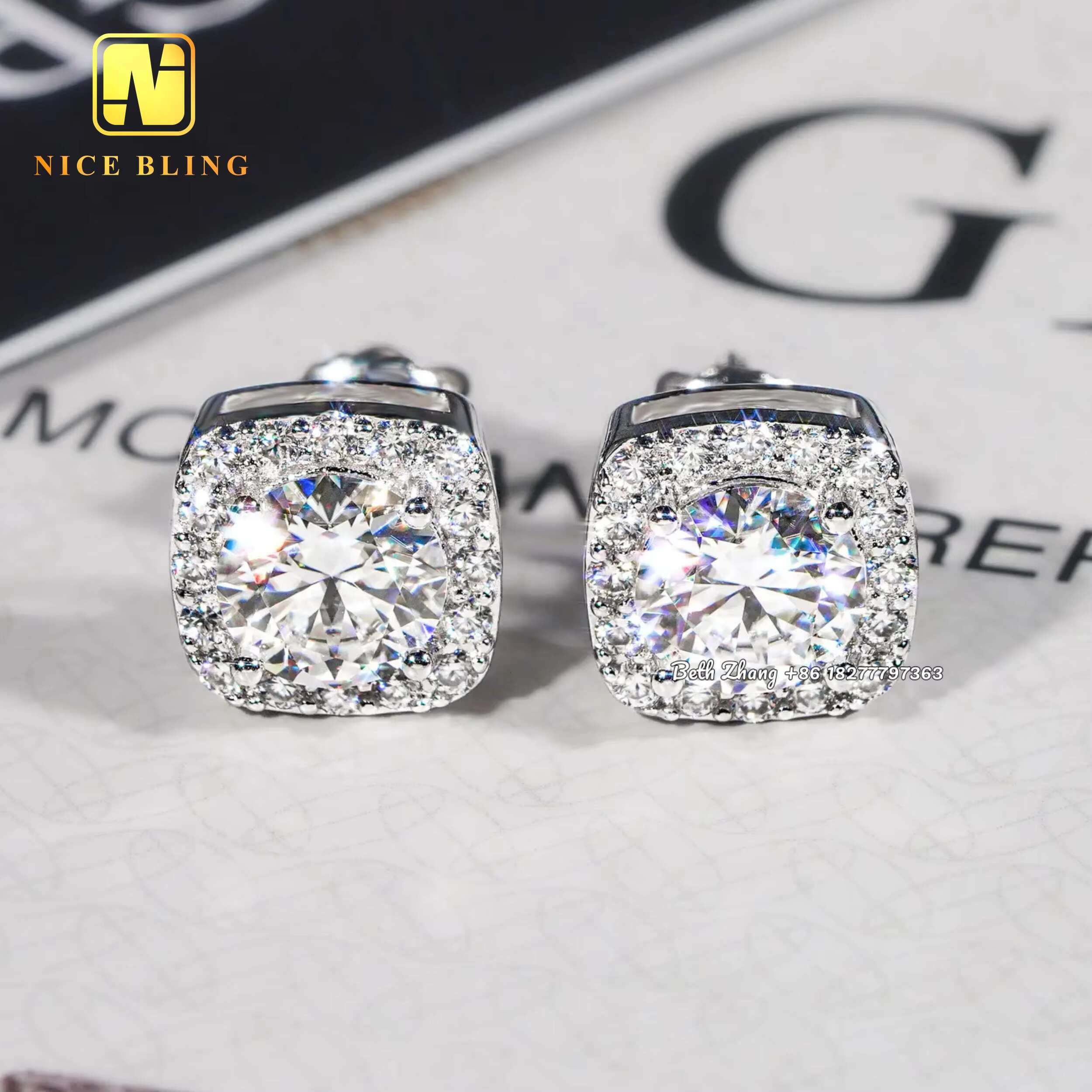 Square Halo Earrings VVS Moissanite Diamond Studs 925 Silver Hip Hop Jewelry Pass Diamond Tester Engagement Earrings for Men