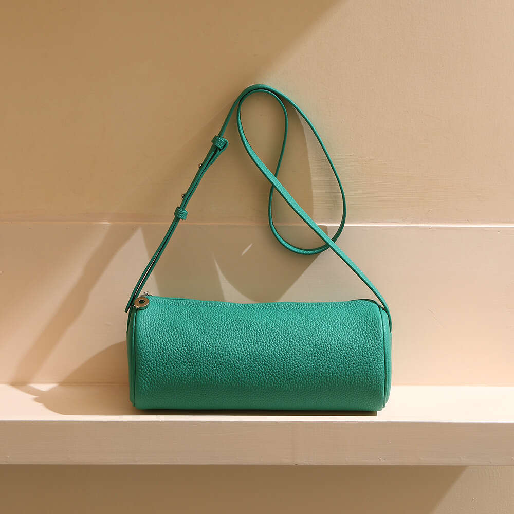 Simplified Style Pen Holder 2025 New Genuine Leather Women's Fashionable Commuting Cylindrical Bag, Large Capacity Trendy Crossbody Bag