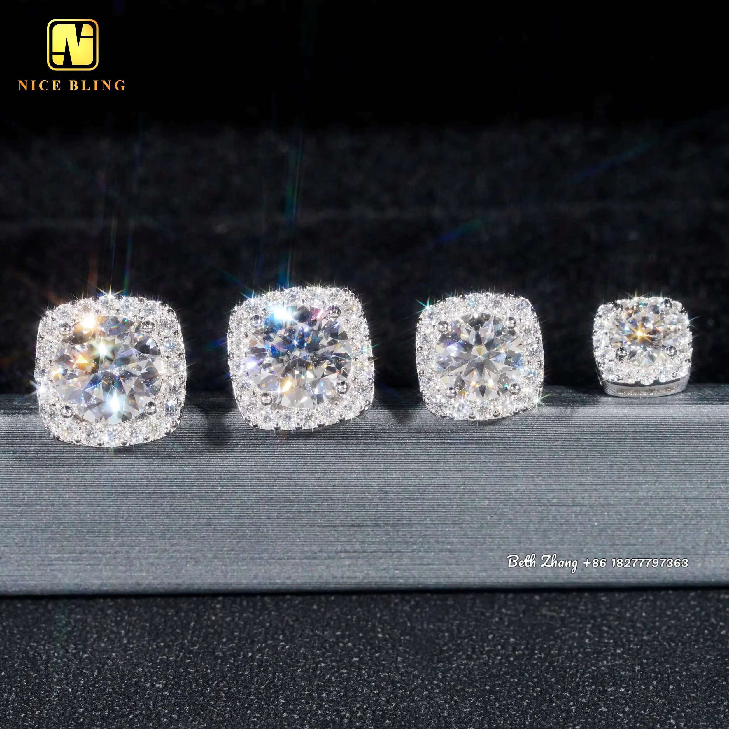 Square Halo Earrings VVS Moissanite Diamond Studs 925 Silver Hip Hop Jewelry Pass Diamond Tester Engagement Earrings for Men