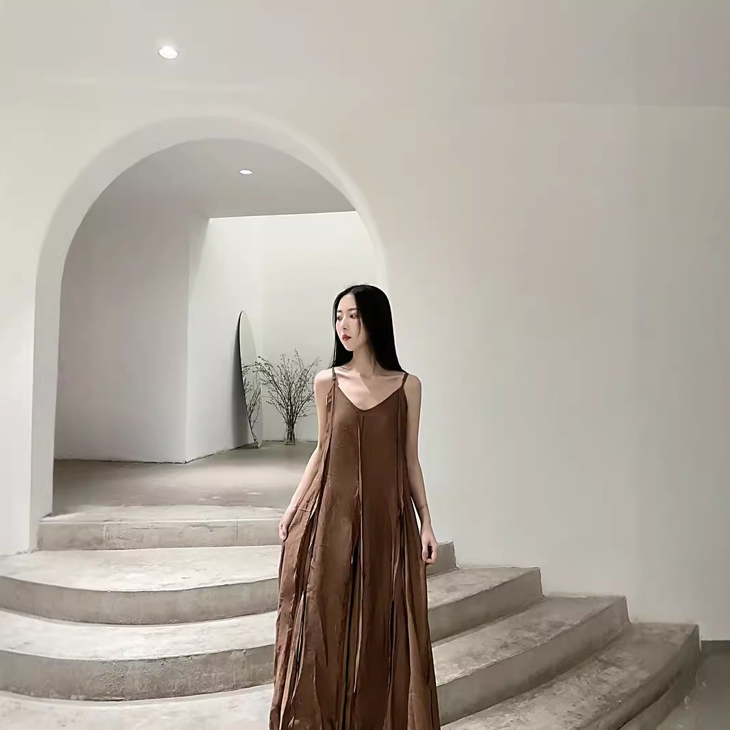 V8210 Spring and summer super long ankle-length oversized hem stitching heavy-duty dress
