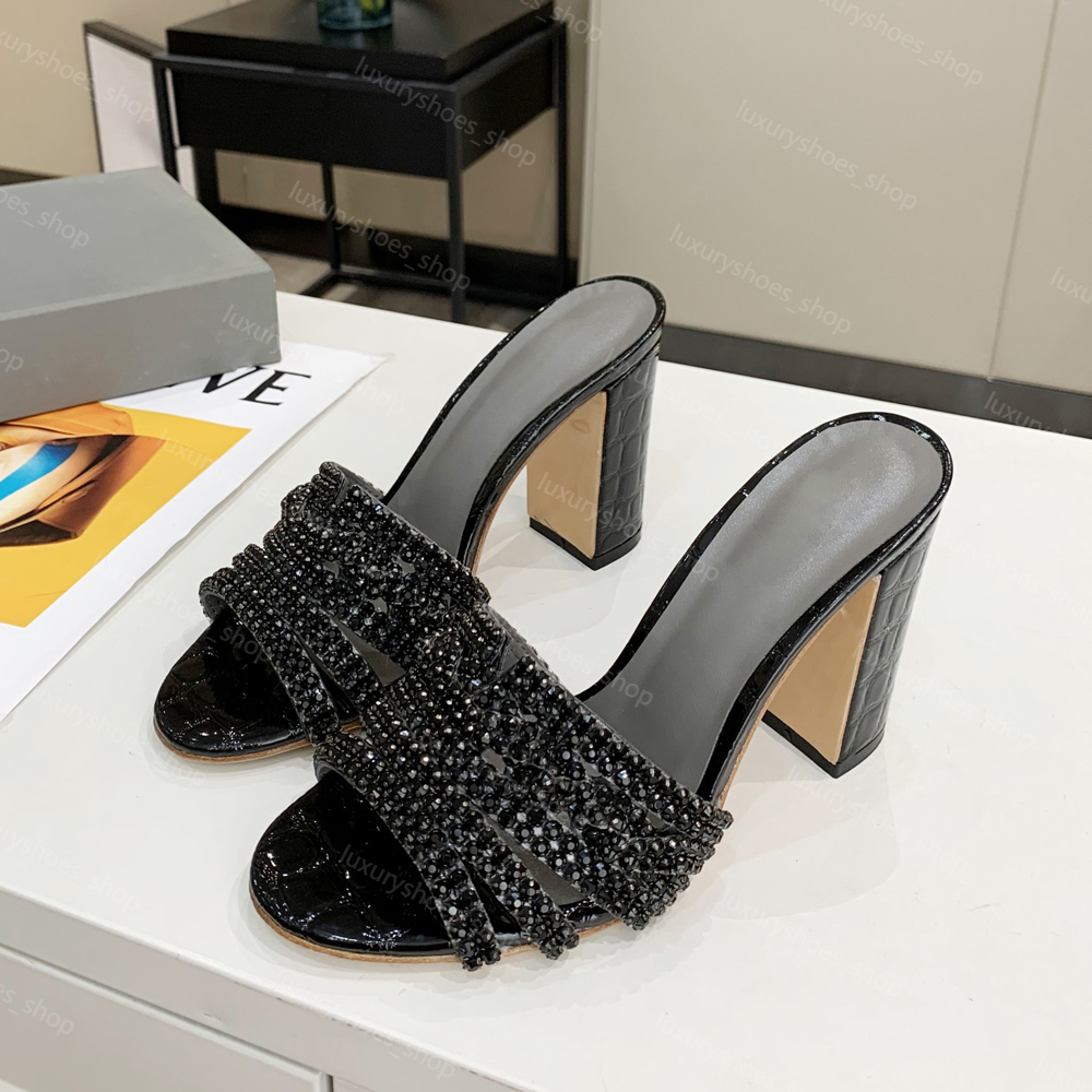 New designer Slippers Womens White Utah Embellished Leather Heeled Sandals mules Chunky Heels open toes slip-on slides sandals famous designer women size 35-42