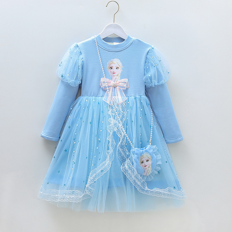 DISNEY Frozen Elsa princess Children's autumn dress kids designer clothes long sleeves and puffy skirt girl's dress