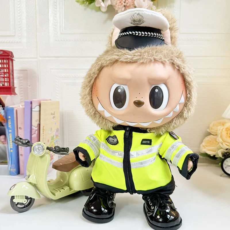 Free shipping 38cm Monster Labubu Plush Traffic Police Transport Uniform Set Cool Cute Doll Clothing Accessories
