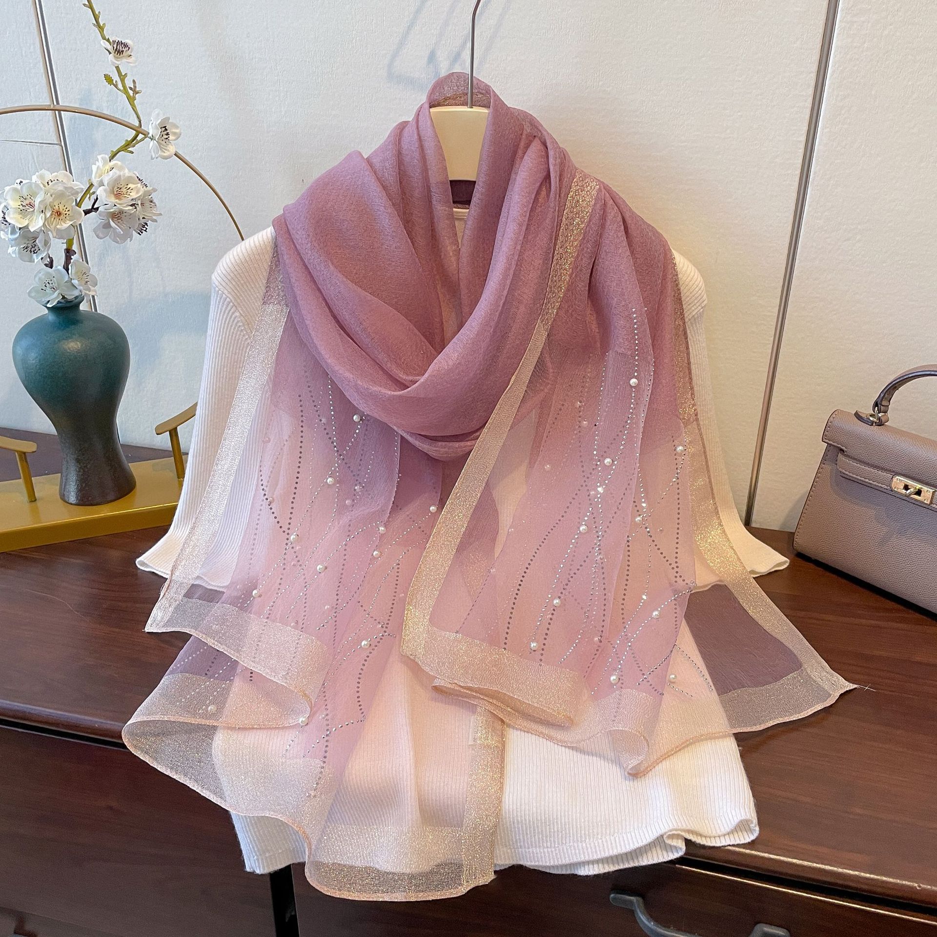 K623 Spring and summer new fashion all-match solid color ethnic style head scarf scarf female wavy pattern artificial hot diamond silk scarf female