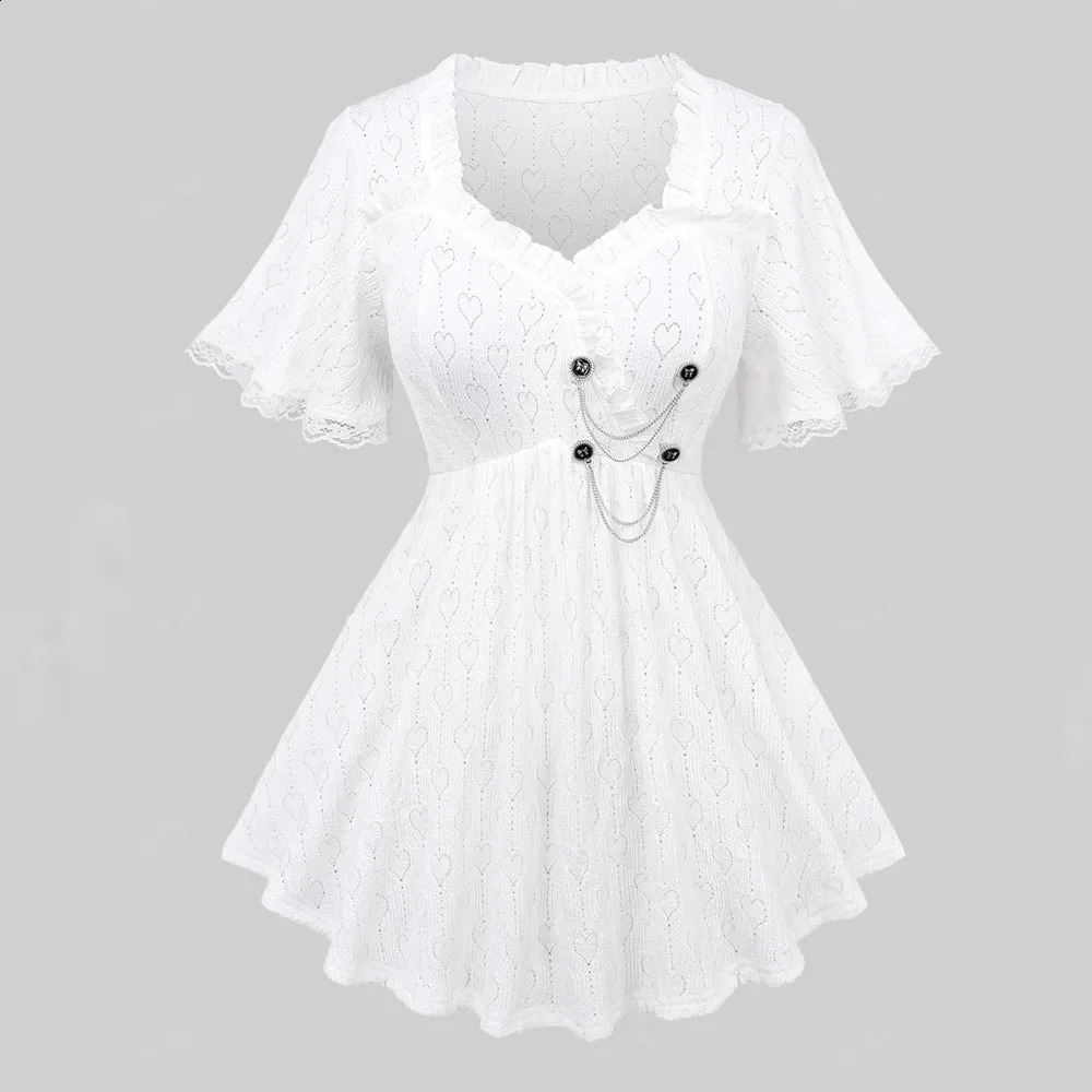 Rol Plus Size Womens Tshirt White Pointelle Hollow Heart Lace Decorative Ruffle Bow Button Panel Top 250430Z