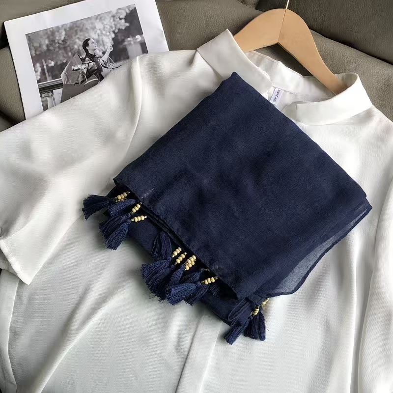 T631 cotton and linen scarf female summer sun protection shawl outer wear thin solid color wooden beads oversized scarf air-conditioned room neck prot