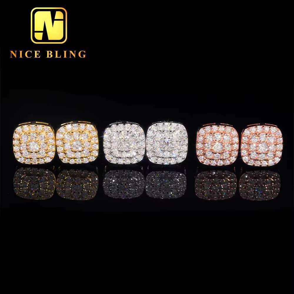 Classic Iced Out Ear Studs 925 Sterling Silver VVS Moissanite Hip Hop Jewelry Stud Earring for Women