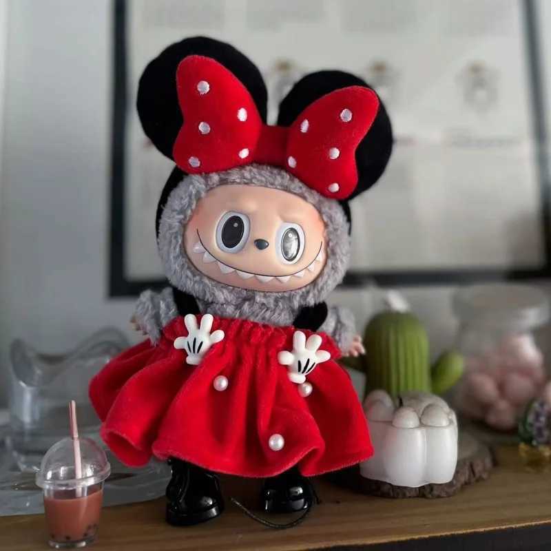 17cm Original Labubu V1 V2 Vinyl Doll Handmade Clothing Polka Dot Dress Set Bow Head Wearing Curve Gift Free shipping