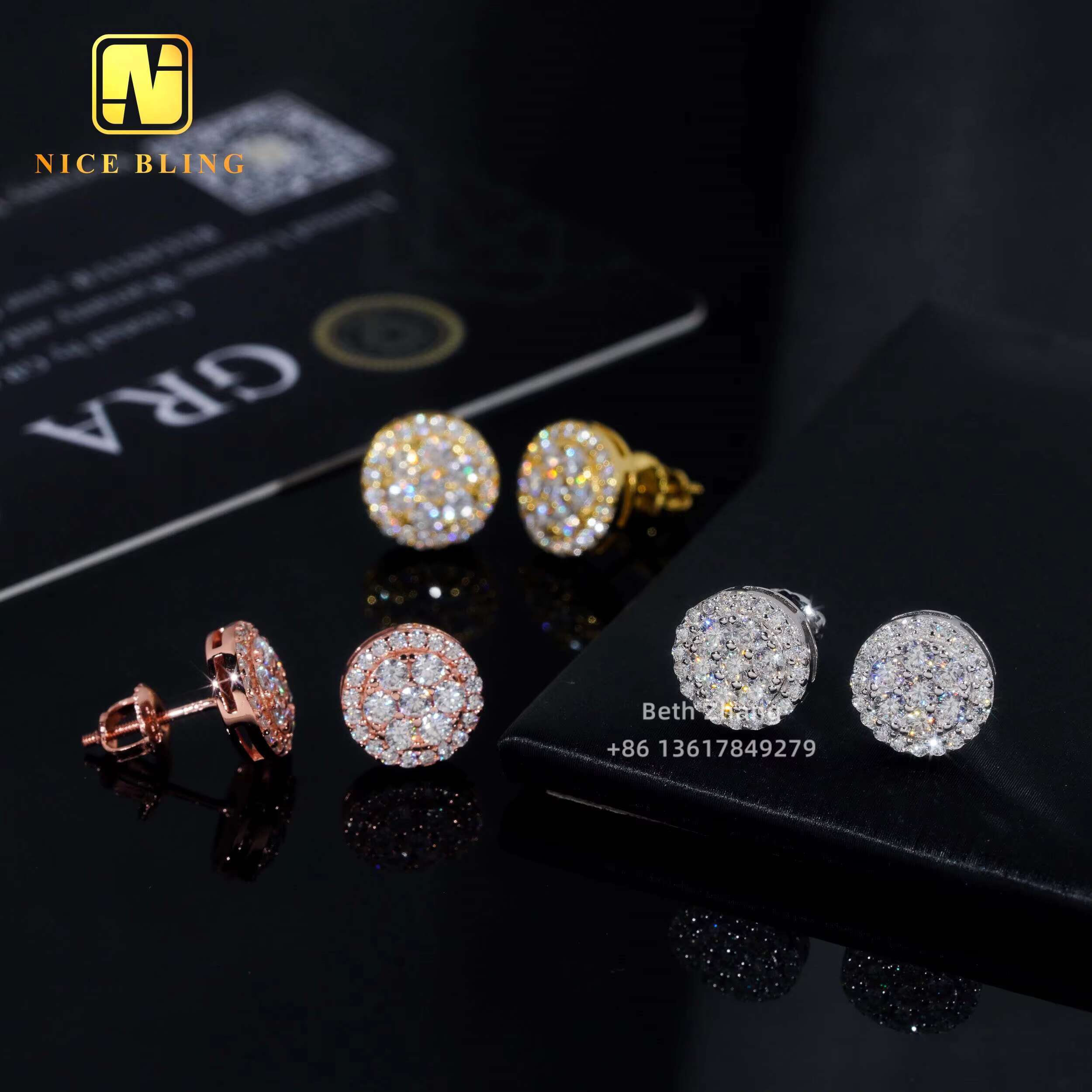 Hip Hop Moissanite Jewelry 10MM Ear Studs 925 Silver Cluster Lab Diamond Stud Earrings for Men Women