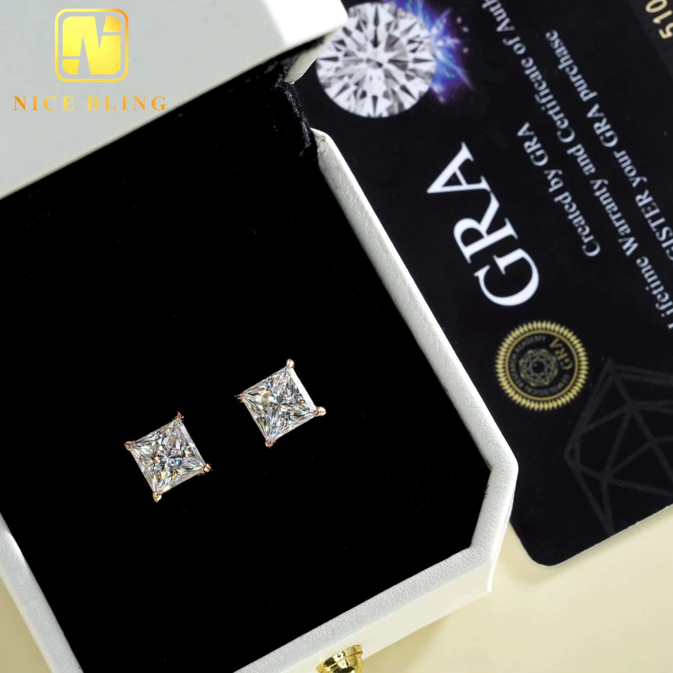 Wholesale Price Hip Hop Moissanite Diamond Earrings Princess Cut Lab Diamond Studs Men Women Sterling Silver Solitaire Earrings