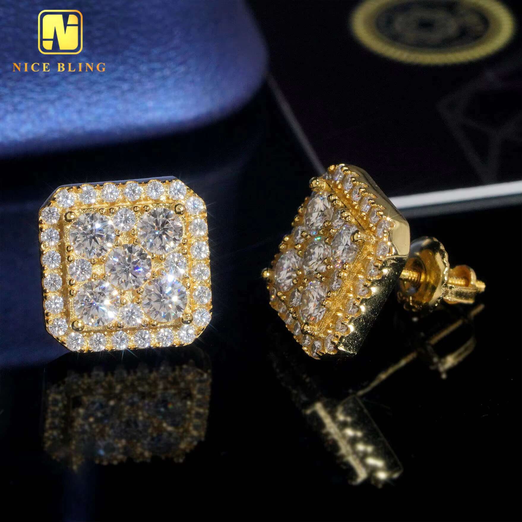 Square Shape Moissanite Diamond Earrings Hip Hop Silver Jewelry S925 Diamond Studs for Men Women With GRA Certificate