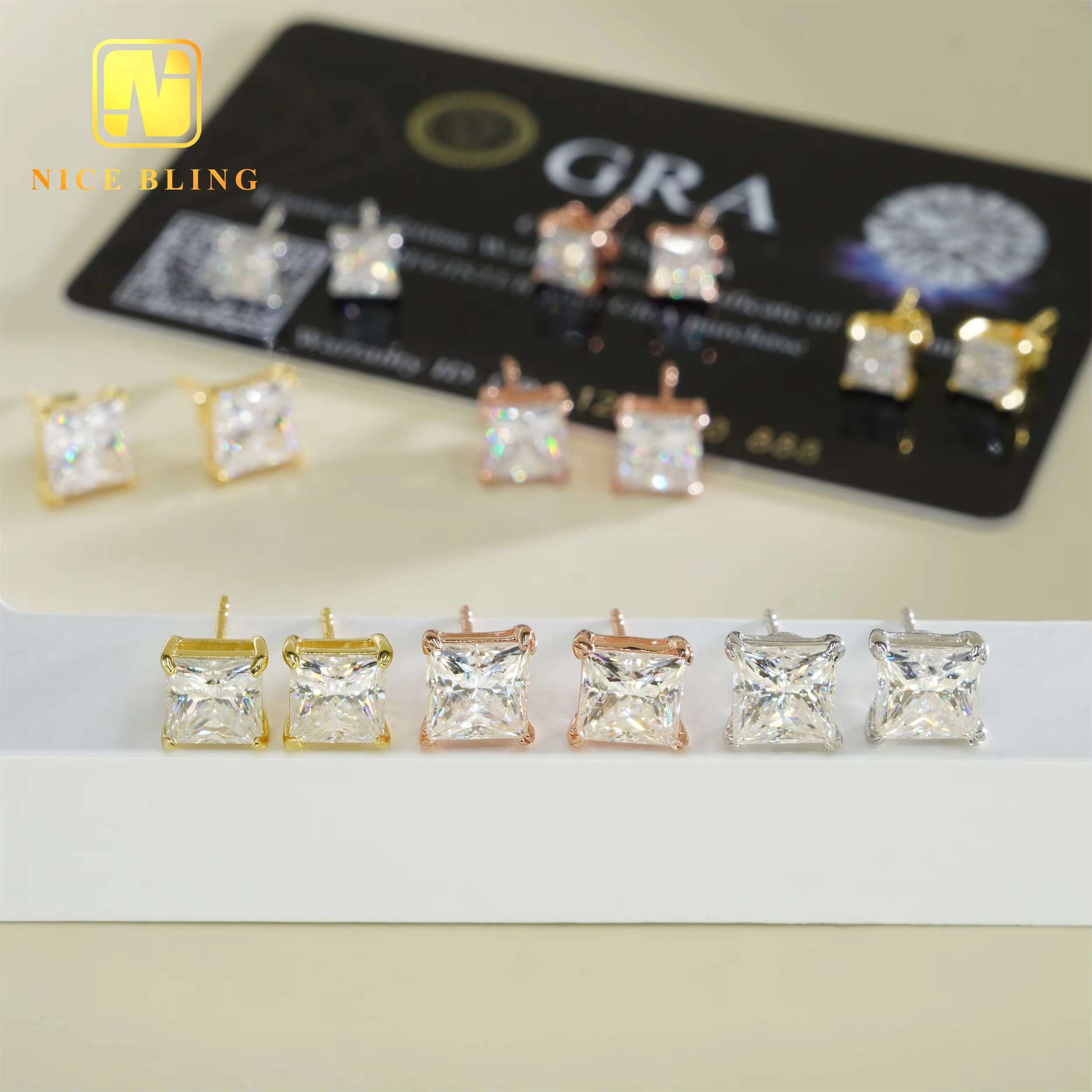 Wholesale Price Hip Hop Moissanite Diamond Earrings Princess Cut Lab Diamond Studs Men Women Sterling Silver Solitaire Earrings