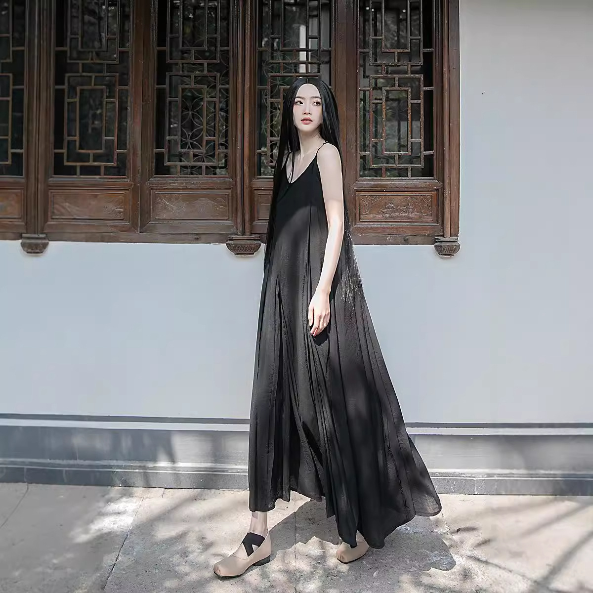 V8210 Spring and summer super long ankle-length oversized hem stitching heavy-duty dress