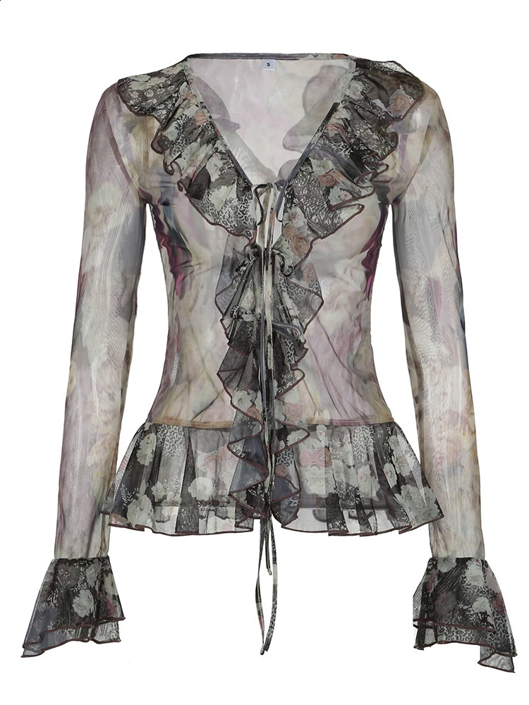Vintage Floral Print Ruffles Mesh Shirts Women See Through Sexy Ruffle Sleeve Open Stitch Lace-Up Aesthetic Clothes 250428