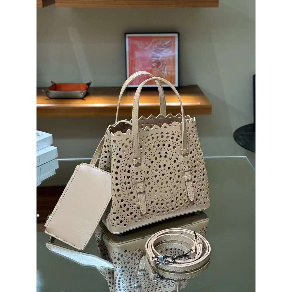 MINA Cowhide Hollowed Out French Casual Leather Women's Fashionable And Versatile Single Shoulder Crossbody Bag, Vegetable Basket Handbag