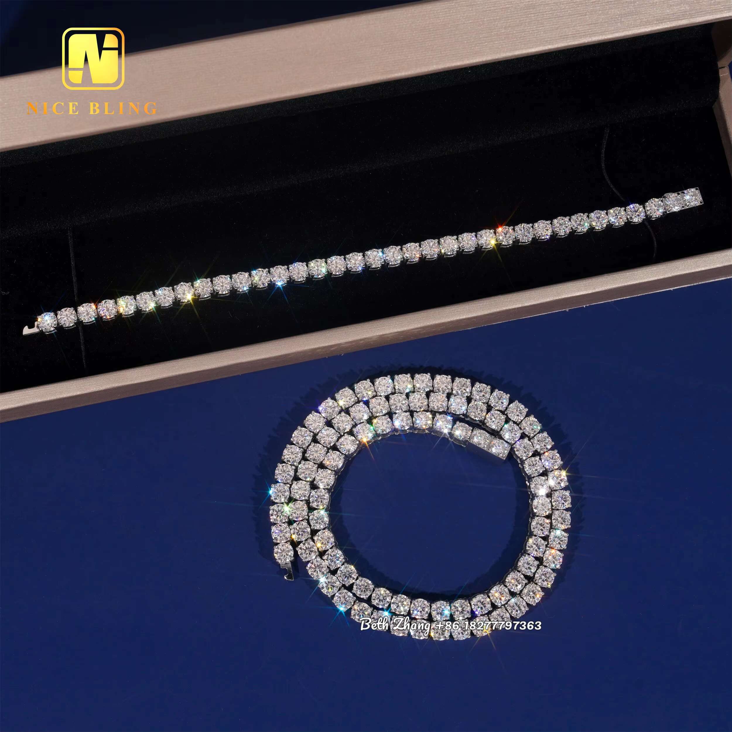 4MM 5MM Durable 316L Stainless Steel Moissanite DIamond Tennis Chain Necklaces Bracelets Waterproof Hip Hop Chains for Men Women