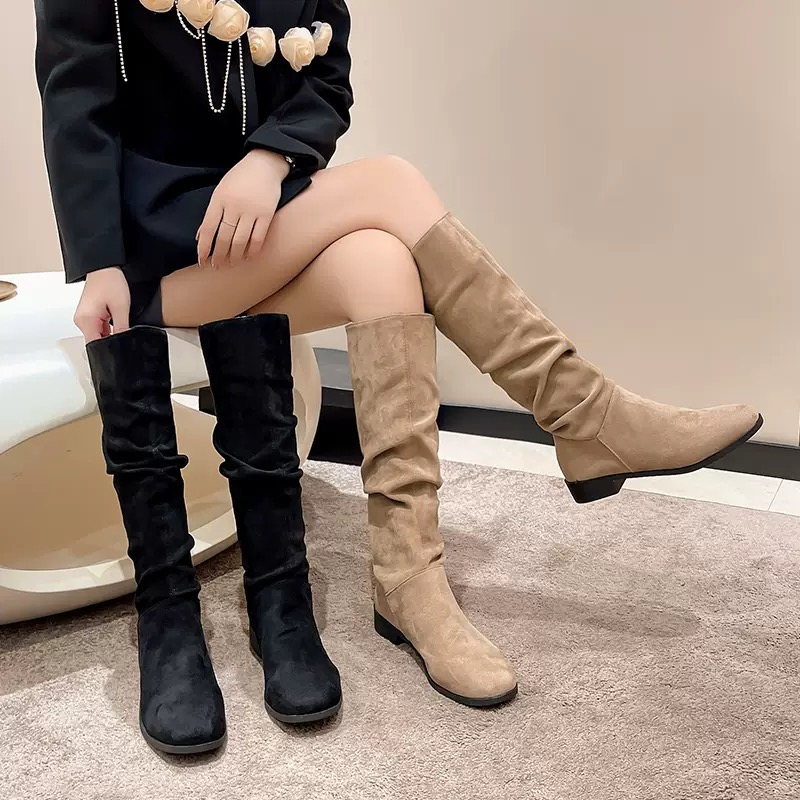 Fashion Autumn And Winter Round Head Long Leather shoes Metal Knight Fold Flat Boots Punk Style 35-40