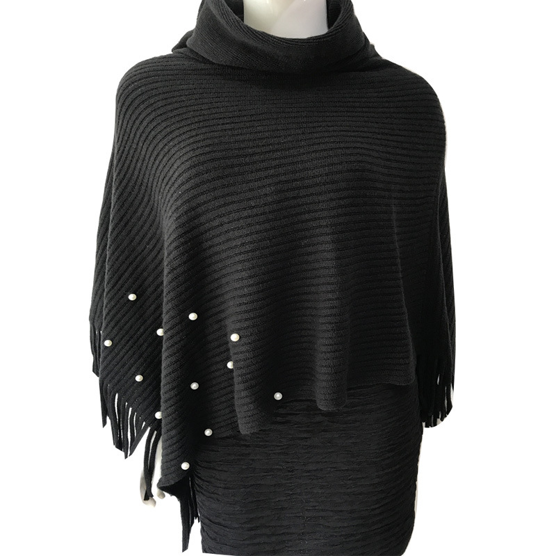 K622 European and American knitted cape shawl high collar beaded tassel suit autumn and winter solid color cape shawl women