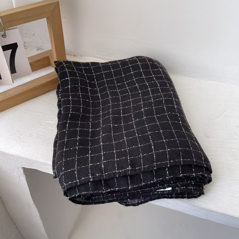 T638 soft cotton and linen small square plaid scarf long women's autumn and winter cotton and linen gauze thin shawl black and white literary all