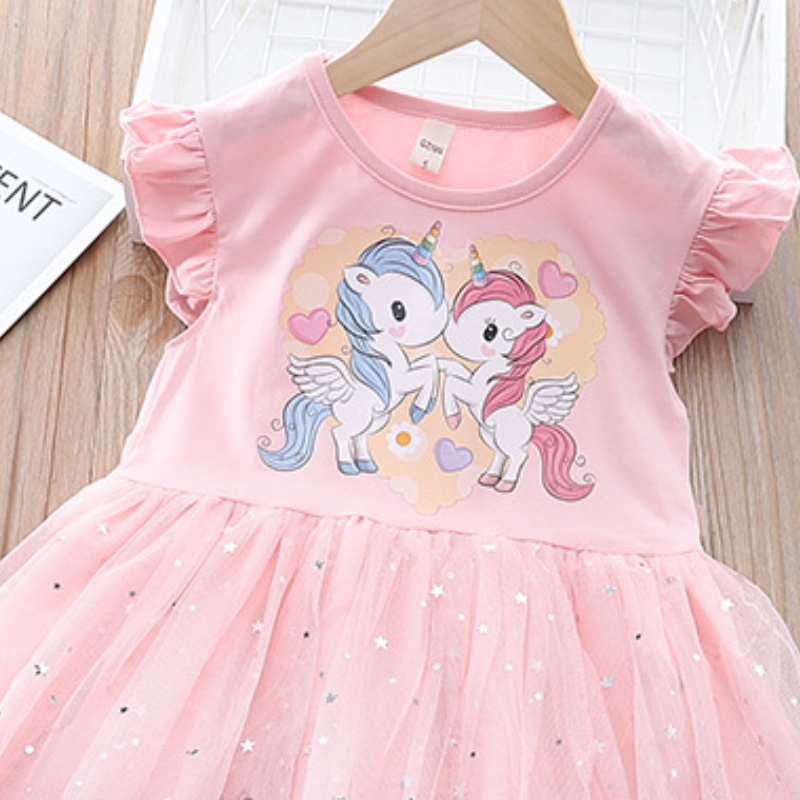 DISNEY Frozen kids designer clothes Short-sleeved summer children's cartoon princess dress with unicorn mesh dress