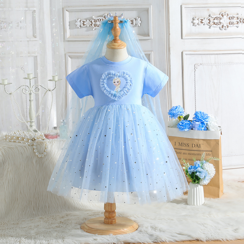 DISNEY Elsa princess Girls' short-sleeved summer dress Frozen theme baby designer clothes children's t-shirt dress.