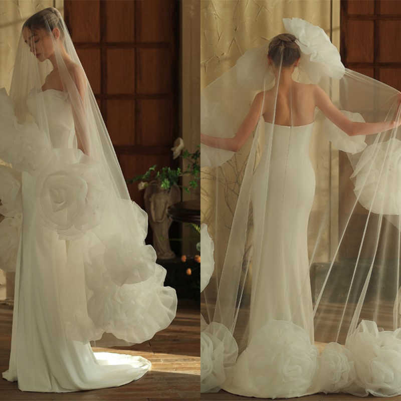 Elegant Wedding Veils Chapel Veils Headdress Women White Ivory Shine 3D-Flower Bridal Veil Tulle One-Layer Wedding Accessories Size Customized V3081