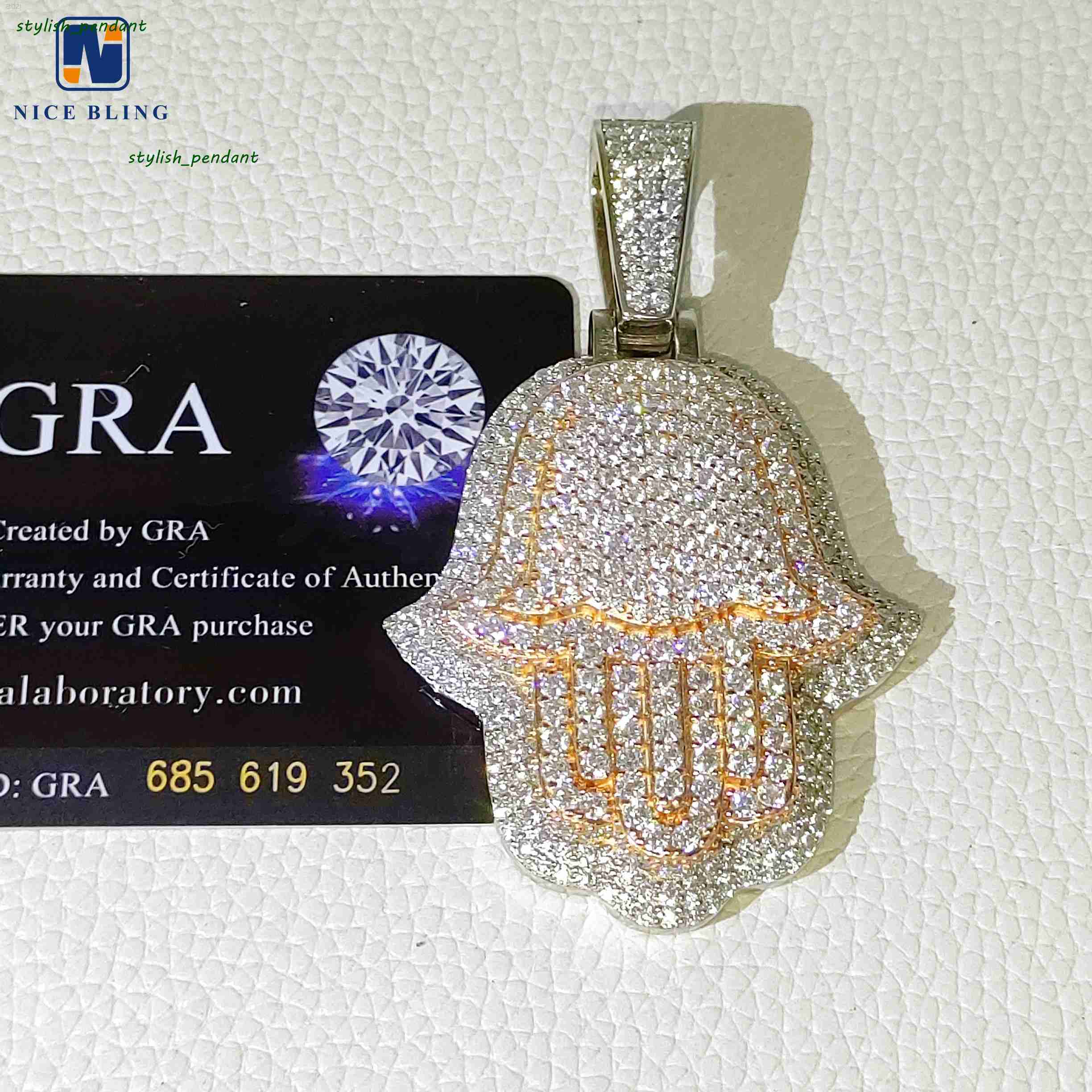 Custom Iced Out Hamsa Penadnt Teo Tone Rose and White Hip Hop Fashion Moissanite Jewelry 925 Silver Lab Diamond Hand Pendants