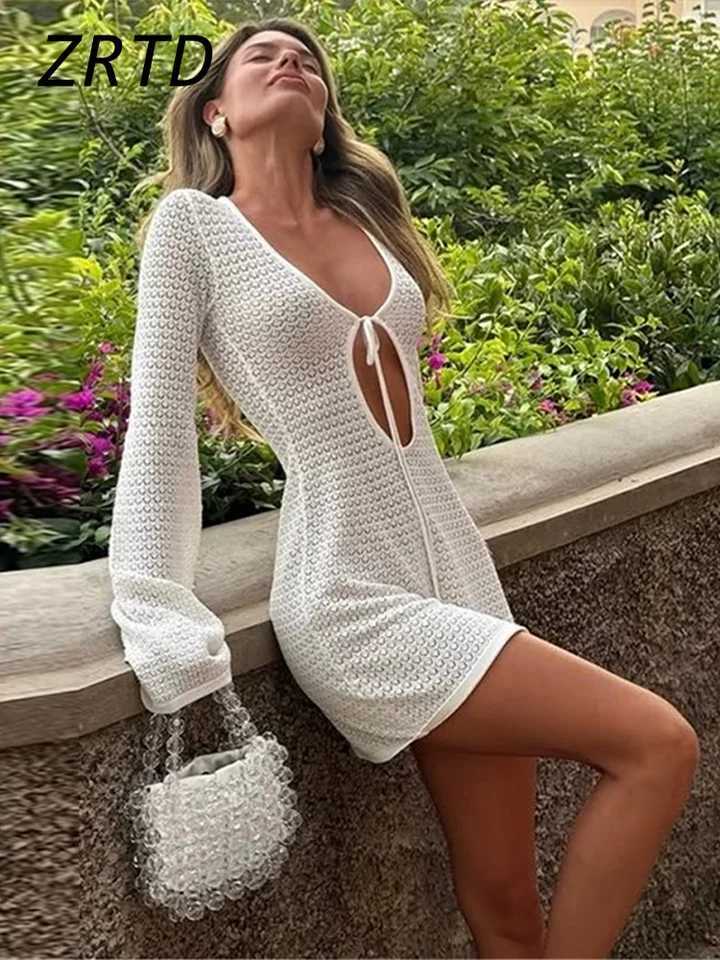 Beach Knitted Hollow Short Dress Womens Fashion Lace Top Dress Womens Dress 2025 Spring/Summer Womens Vacation Pure Cotton DressXJ250504