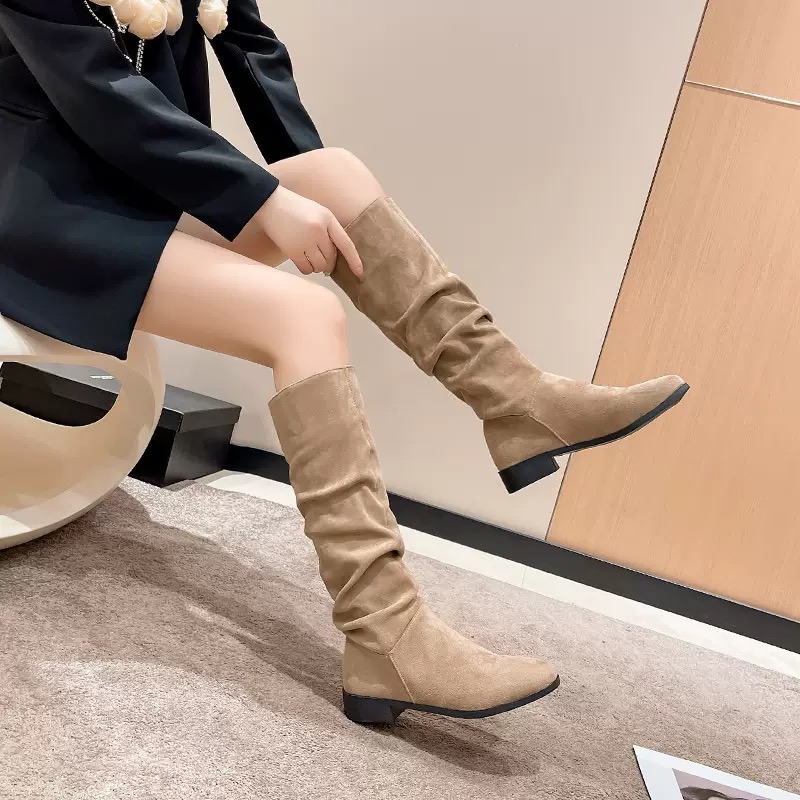 Fashion Autumn And Winter Round Head Long Leather shoes Metal Knight Fold Flat Boots Punk Style 35-40