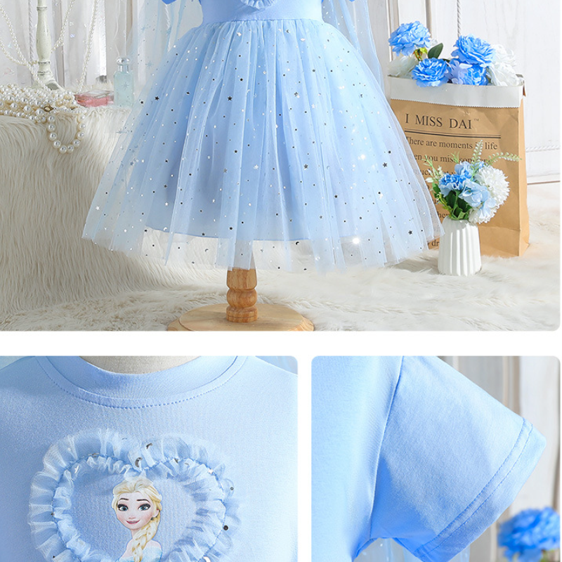 DISNEY Elsa princess Girls' short-sleeved summer dress Frozen theme baby designer clothes children's t-shirt dress.