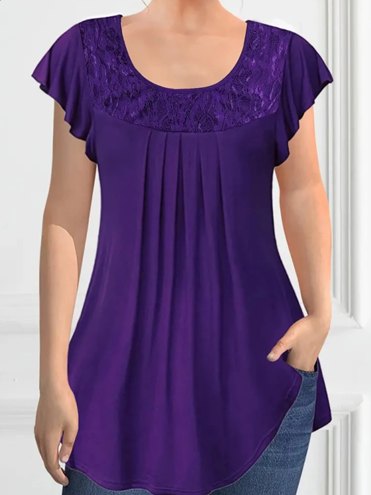 Elegant womens plus size Tshirt short sleeved pleated purple petal sleeve ultrathin casual solid retro round neck summer top 250430Z
