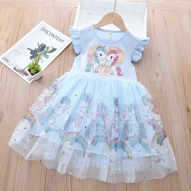 DISNEY Frozen kids designer clothes Short-sleeved summer children's cartoon princess dress with unicorn mesh dress