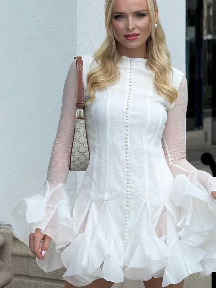 Fashionable ruffled edge single chest womens fashion long lantern sleeves high waisted mini dress 2025 new office womens dressXJ250504