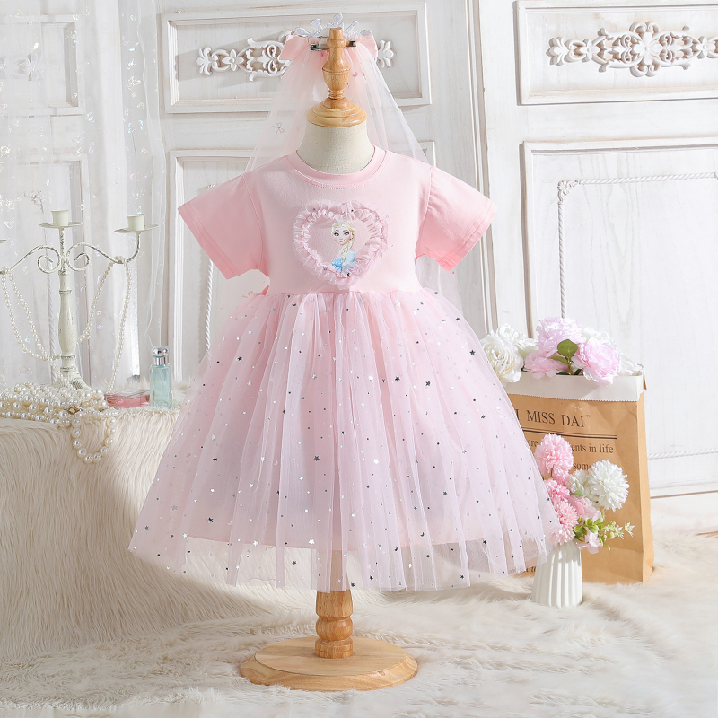DISNEY Elsa princess Girls' short-sleeved summer dress Frozen theme baby designer clothes children's t-shirt dress.